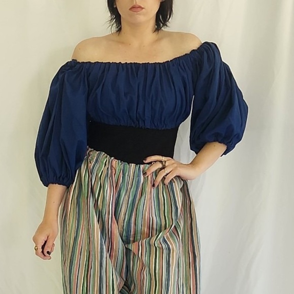 Vintage Home Made Blue Off the Shoulder Cropped Shirt